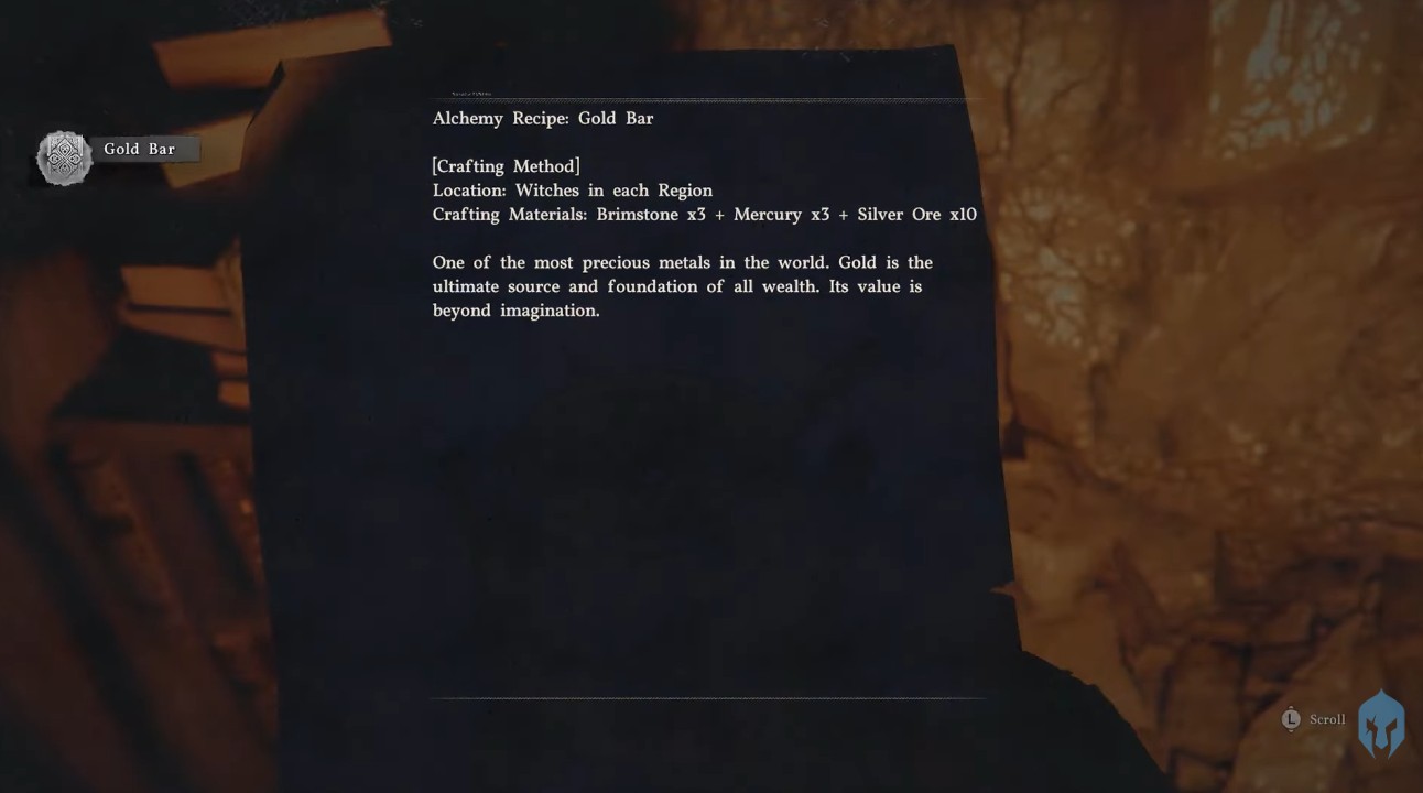Gold bar crafting recipe in Crimson Desert — alchemical formula at a witch